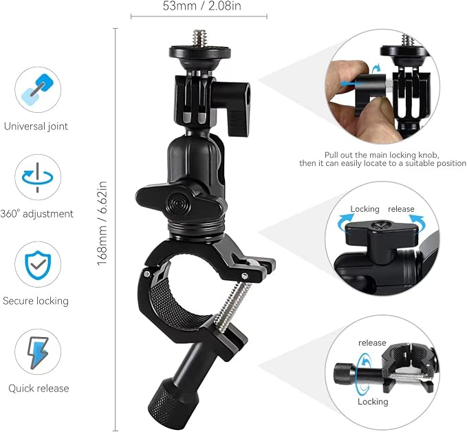 Super Clamp Camera Mount with 1/4" Screw Gopro Bike Mount Clamp | 1/4" Screw,Bike/Bicycle/Motorcycle Handlebars Mount,Compatible with DSLR Camera/Gopro/LED Lights/Ronin-M - Image 3
