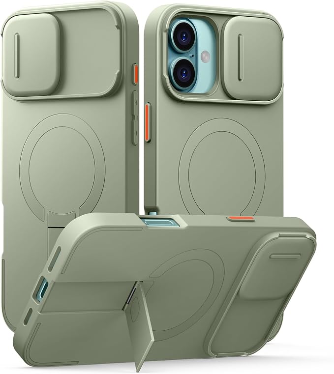 SURITCH for iPhone 16 Plus Case with Magnetic Camera Slide Cover and Adjustable Kickstand, Compatible with MagSafe, Shockproof Bumper Case Slim Protective Cover for iPhone 16 Plus 6.7 Inch, Green by SURITCH