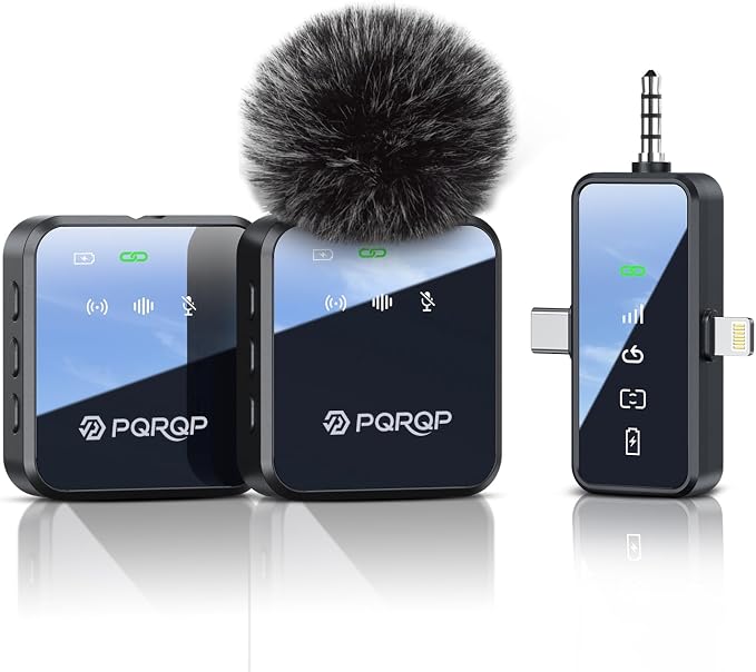 PQRQP 3 in 1 Wireless Lavalier Microphone for iPhone Android & Camera, Mini Clip-On Mic for Video Recording TikTok YouTube Interview, Noise Cancelling, 328ft Range, 18H Battery by PQRQP