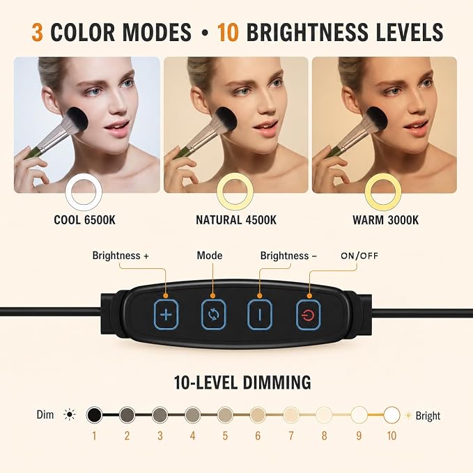 Suction Cup Makeup Lights for Vanity Mirror,Full Length Mirror Selfie Light | LED Vanity Lights Stick on, Ring Light for Makeup Vanity Table & Bathroom Mirror, 3 CCT & 10 Brightness, Plug in, Black - Image 4