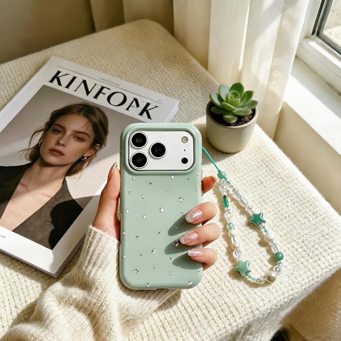 2 Pcs Phone Charm Strap Hand Wrist Strap Camera Lanyard Pearl Beaded Cute Chain String Accessories Universal for iPhone 17 Pro Max 16 15 14 for Samsung Women Girls Keychain Bag Green Flower and Star - Image 4