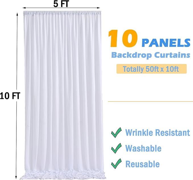 50ftx10ft Wrinkle Free White Backdrop Curtain for Party Background, 10 Panels Silky Polyester Photo Backdrop Drapes Back Drop Cloth for Wedding Birthday Photography Baby Shower Photoshoot Decor - Image 5