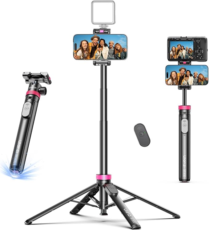 ULANZI MT-44B Phone Tripod, 59'' Auto Open Phone Stand Dual Camera Set up | 360° Ball Head, Extendable Selfie Stick w Cold Shoe, Stable Four-Leg for Filming Vlog Travel, Family Gatherings by ulanzi