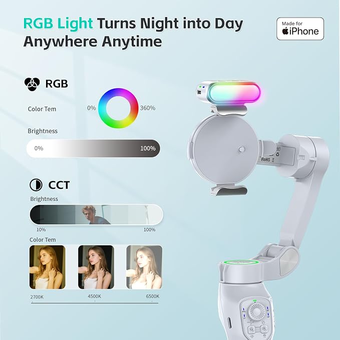 COMITOK Only for iPhone, MOGO [Apple MFi Certified] Gimbal Stabilizer for iPhone with Phone Clip & RGB Light, Support Selecting Tracking Target on Apple Watch & iOS26 Cameras for iPhone 16 15 Pro Max - Image 4