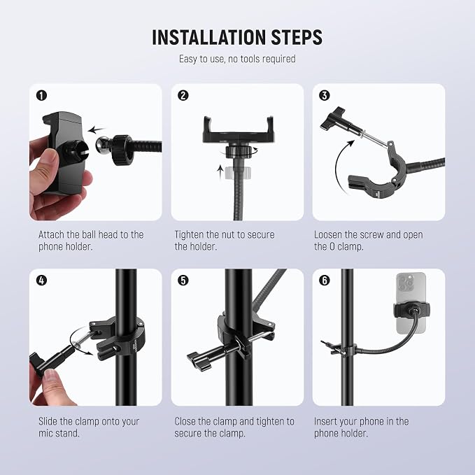 NEEWER BASICS Mic Stand Phone Holder with Flexible Arm, 360° Ball Head Boom Arm Microphone Floor Music Stand Cell Phone Mount Compatible with iPhone Android Samsung Video Recording, MS009 - Image 6