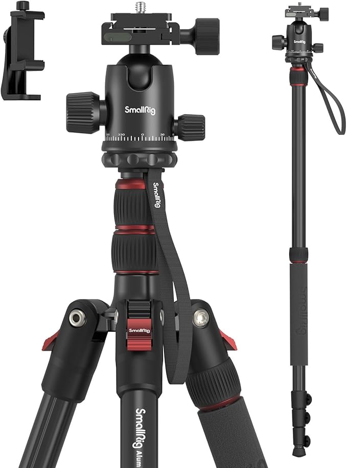 SmallRig Camera Tripod, 71" Foldable Aluminum Tripod/Monopod, 360°Ball Head Detachable, Payload 33lb, Adjustable Height from 16" to 71" for Camera, Phone by SmallRig