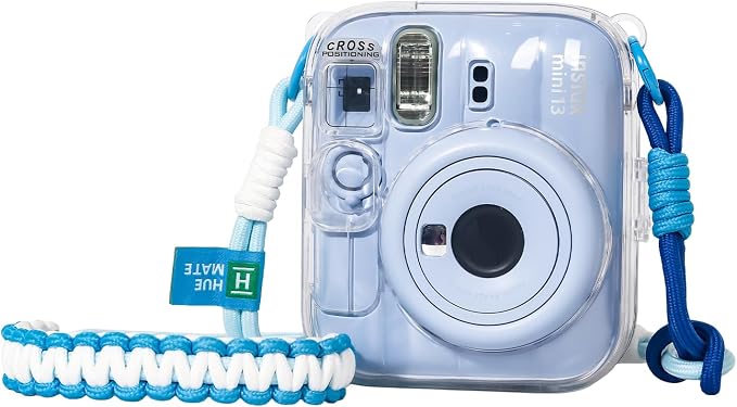 Clear Camera Case for Fujifilm Instax Mini 13, Blue Camera Strap | Protective Cover with Anti-Accidental Shutter, 4 Composition Cards, Photo Storage Holds 10 Films,Clear Hard Shell, No Camera by Huemate