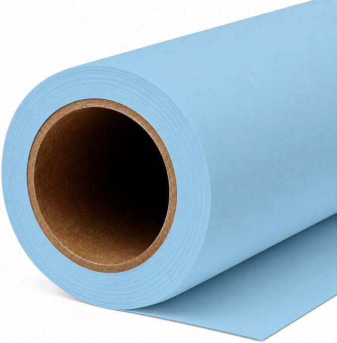 Yizhily Lite Blue Seamless Paper Backdrop, 53 in x 16.4 ft | Product photography; creative sets; event portraits; tabletop shoots; small studio photoshoots by YizhilySeamlessBackgroundPaper