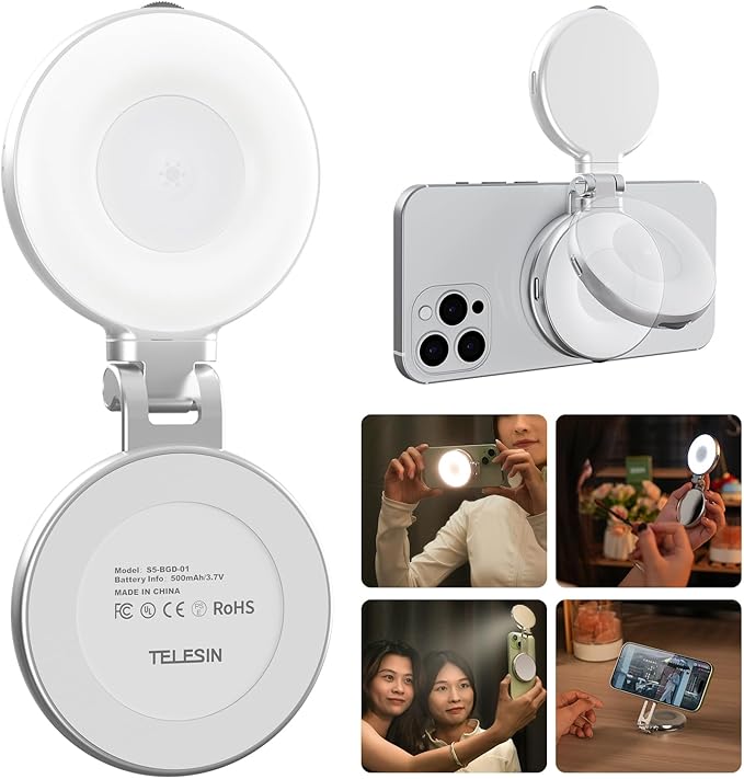 TELESIN C03 Magnetic Selfie Light, Phone Light for iPhone Magsafe | CRI97 360° LED Selfie Ring Fill Light with Mirror for Selfies/Photography/TikTok/Zoom Calls/Video Conference/YouTube by telesin