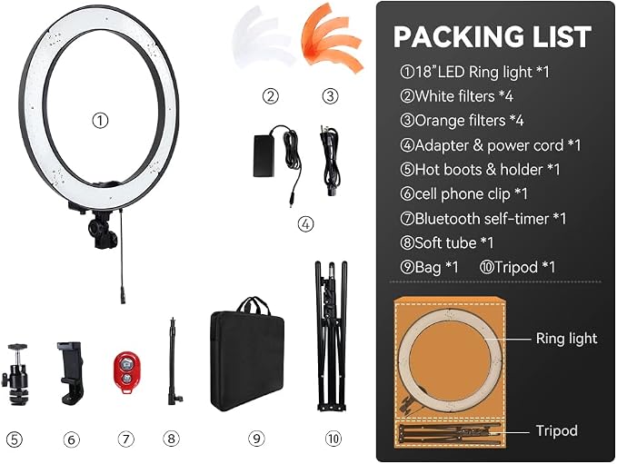18-Inch Ring Light, 55W Dimmable 5500K Light with 240 LEDs Color Filter, Soft Tube and Carrying Bag for YouTube, TikTok, Selfies and Photography, Compatible with Camera and Smartphones - Image 8