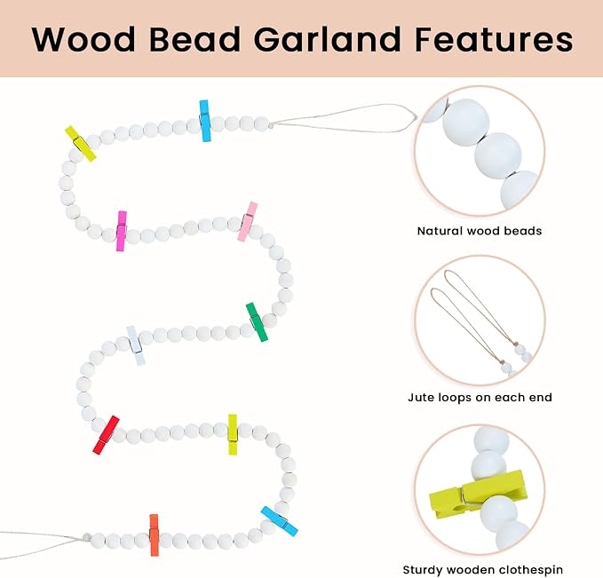 KLOGTSIND Hanging Photo Display with Clips, 3PCS Wood Bead Garland Banner | Photo String Banner with 10 Clips for Bedroom Room Dorm Cubicle, Picture Cards Artwork Display, Christmas Teen Girls Gifts - Image 5