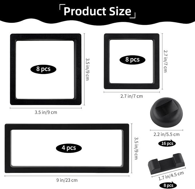 20 Pack 3D Black Floating Display Case with Bases, 3 Sizes Challenge Coin Display Holder, Transparent PE Jewelry Storage Box for Medallions, Jewelry, Coins, Sea Shell Collectibles - Image 2