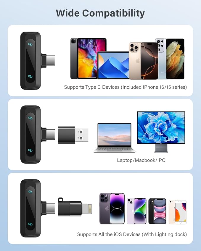2026 Upgraded Wireless Lavalier Microphone, 2-Pack Mini Lapel Mic with Noise Reduction, USB-C, Lightning and USB-A Adapters for iPhone, Android, iPad, Laptop, Video Recording, Podcast, TikTok, YouTube - Image 7