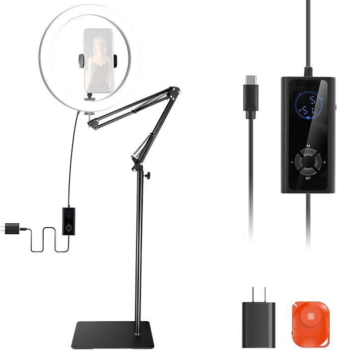NEEWER 12" 24W High Power LED Ring Light Compatible with iPhone, 60" Overhead Folding Light Stand/Phone Holder Mount for Video Recording Selfie Makeup Streaming,2900-7000K USB C PD Input CRI97+,RH12B by Neewer