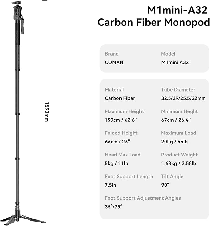 M1mini Carbon Fiber Monopod for Camera, 4-Section One-Button Lifting, Compact Portable Monopod with A32 Ball Head for Camera, Outdoor Travel Photography, Max Load 5kg, M1mini-A32 - Image 8