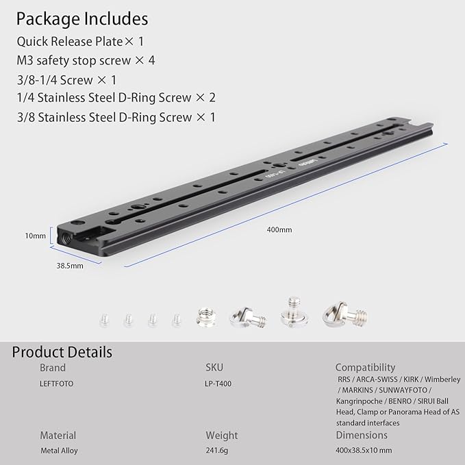 LEFTFOTO 400mm Lengthened Quick Release Double Dovetail Slide Rail Universal QR Plate, with ARRI Locating Hole, 1/4" & 3/8" Threads, Cold Shoe - for DSLR Camera Tripod Ballhead - Image 6