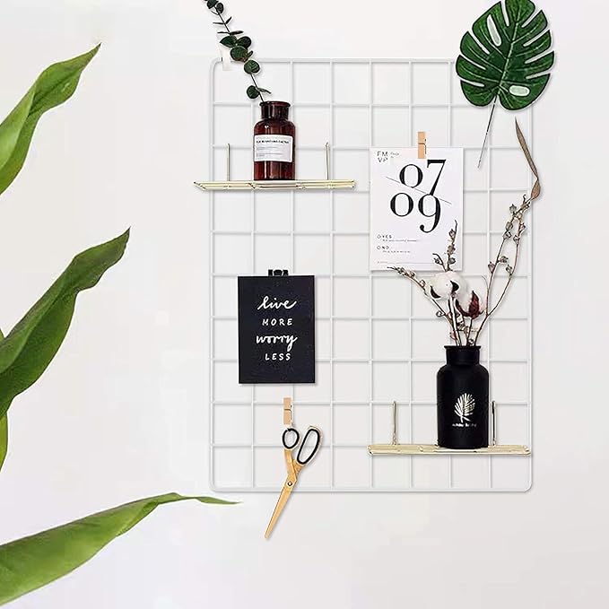 C&AHOME Photo Wall Display Set of 2, Wall Grid Panel, 15.7" x 11.8", White | Photo Display Shelves, Wall Storagae Organizer, Hooks, Clips, Hemp Cord, Hammer - Image 8