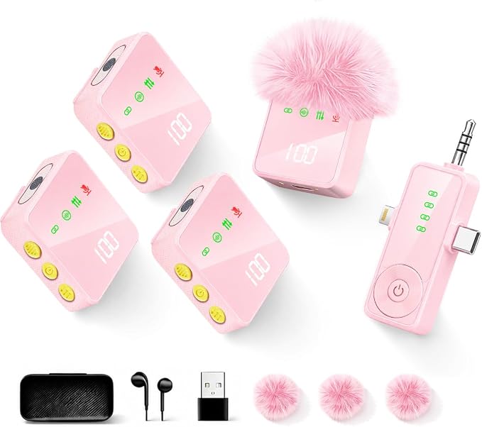 Wireless Lavalier Microphone for iPhone, Android, Cameras 4 Packs | Mini Microphone with Noise Reduction, 40H Battery Life, 4 Mic for Video Recording, Podcasts, Vlog, TikTok and YouTube (Pink) by Giconino