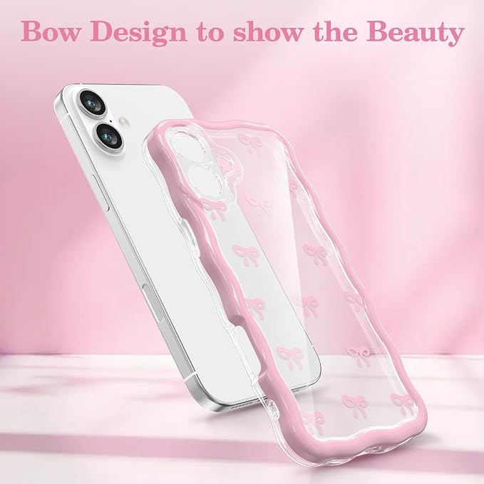 QLTYPRI for iPhone 17 Pink Bow Case, Clear Cute Pink Ribbon Bow Phone Case Curly Wavy Aesthetic Phone Cover, Soft Slim Transparent TPU Shockproof Protective Cover for Women Girls - Tiny Bow - Image 3