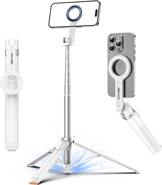 UBeesize 70" Auto-Open Magnetic Tripod for iPhone, MagSafe Selfie Stick with Remote, Portable Phone Stand for Recording, Travel and Vlogging, Compatible with iPhone/Android (White) by UBeesize