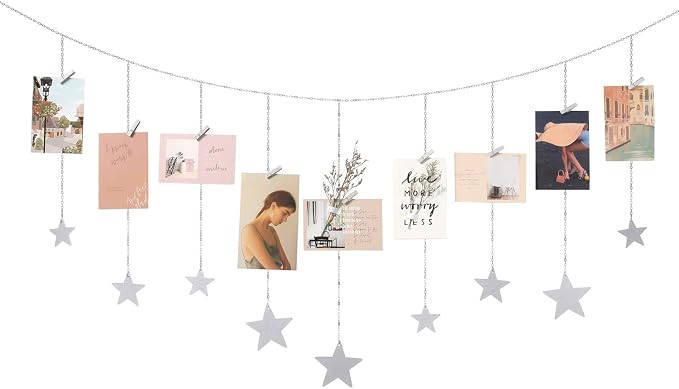 Mkono Hanging Photo Display, Boho Picture Wall Decor, 25 Wood Clips, Silver | Teen Girl Gift, Artworks Cards Holder, Wooden Stars, Metal Chains, Bedroom Living Room Dorm Office, Christmas Birthday by Mkono