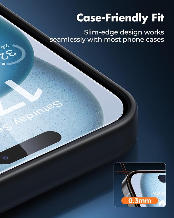 UNBREAKcable iPhone 15 Screen Protector & Camera Lens Protector | Upgraded Dual-Tempered Glass with Military-Grade 9H Hardness, 3-Pack,HD Clarity, Anti-Fingerprint, Case Friendly, Fits 6.1'' - Image 8