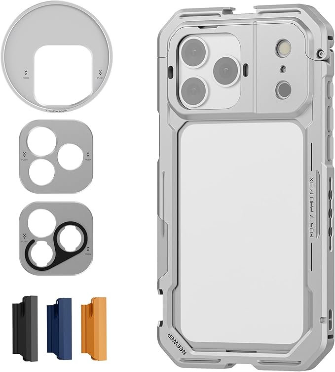 NEEWER Phone Cage Compatible with iPhone 17 Pro Max, Quick Release Video Rig Stabilizer Accessories with 67mm Filter Ring, 17mm Lens Backplate, T Mount Adapter, 4X Camera Control Cap, PA144 (Silver) by Neewer