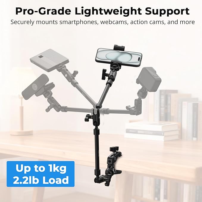 SMALLRIG 26" Magic Arm with Super Clamp, Overhead Phone Mount w/Cable Clip | Flexible Desk Camera Mount with 1/4" Screw and Cable Clip, Max Load 2.2lb, for iPhone/Action Camera/Video Light/Webcam/Mic - Image 3