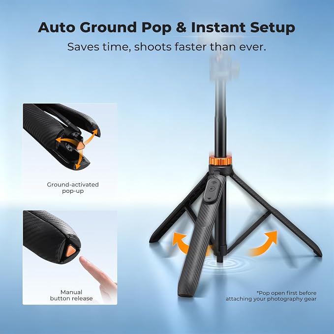 K&F CONCEPT Auto Open 62'' Selfie Stick Tripod with Remote for Vlog | 360° Ball Head Camera Tripod with 2-in-1 Phone Holder, Compatible with DJI Osmo Pocket 3 4 Insta360 Luna Ultra. MS34 - Image 2