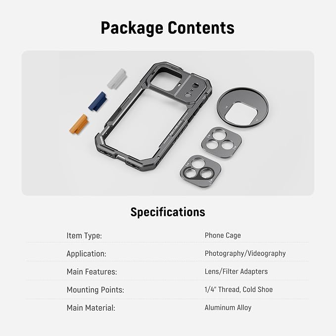 NEEWER Phone Cage Compatible with iPhone 17 Pro Max, Quick Release Video Rig Stabilizer Accessories with 67mm Filter Ring, 17mm Lens Backplate, T Mount Adapter, 4X Camera Control Cap, PA144 (Black) - Image 8