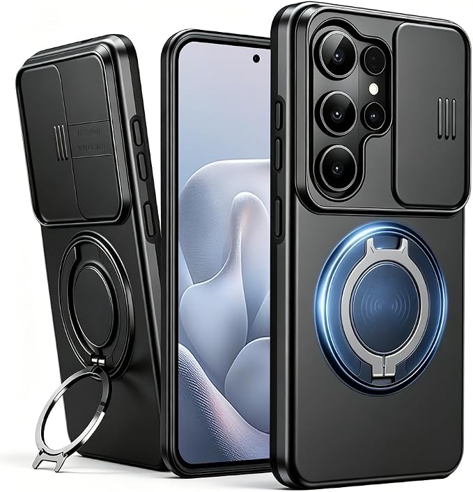 for Samsung Galaxy S26 Ultra Case, with Slide Camera Cover for S26 Ultra Case, Heavy Duty Shockproof Protective Case for Samsung S26 Ultra with Built-in Rotated Ring Kickstand, Black by GOKIKASIYI