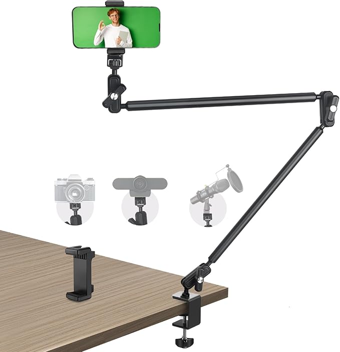Desktop Clamp Magic Arm 33.84" Kit for Phone,DSRL Two-Stage Adjustable Flexible Arm, Overhead Camera Mount, Desk Phone Mount for Webcam, Action Camera, Mic,Video Light by JEBUTU