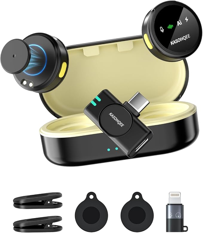 Wireless Lavalier Microphone for iPhone 17/16/15/14, iPad & Android, Magnetic Clip-on Mini Mic with Charging Case,30H Playtime Plug-Play Lapel Lavalier Mic for Vlog TikTok, AI Noise Reduction by kasohqee