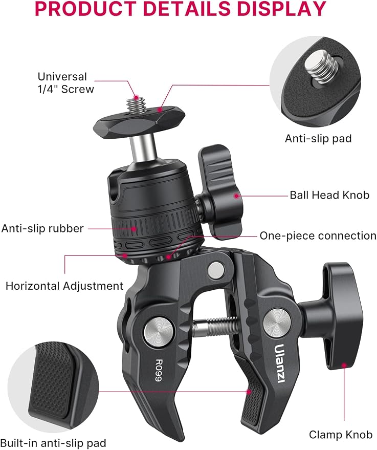 ULANZI R099 Super Clamp Camera Mount - Heavy Duty 3.3lb Load Metal Clamp with 360° Ball Head for Action Cameras (GoPro/Insta360/DJI), DSLR, Bike/Motorcycle Handlebar, Pole/Tube Mount Accessories - Image 6