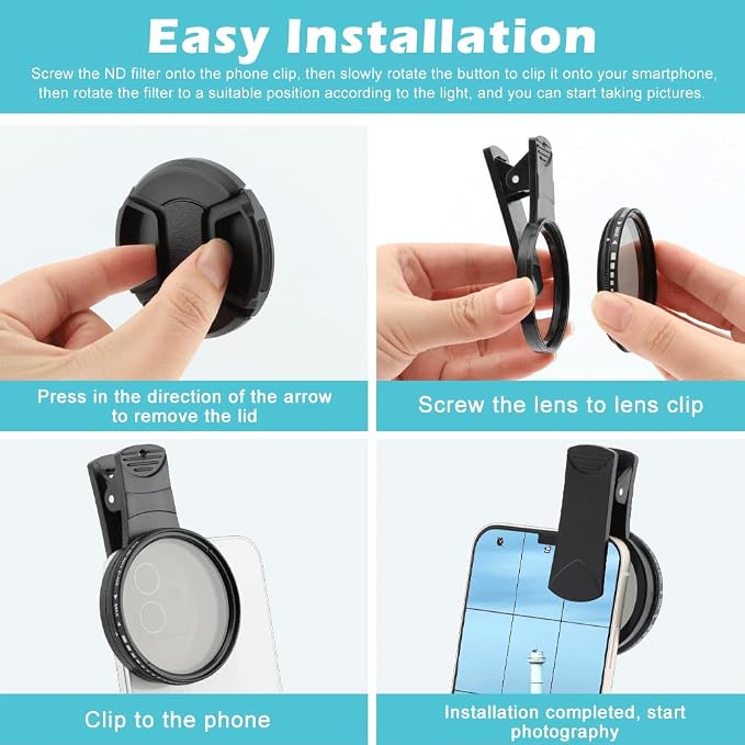 52MM Variable ND2-ND400 Filter, Clip-on Phone Lens ND Filter Kit Multi-Coated Adjustable Neutral Density Filter Compatible with iPhoneSamsung/Android Smartphones(Color:Black) - Image 7