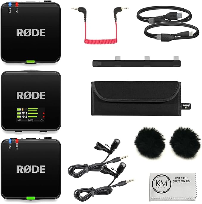 RØDE Wireless GO (Gen 3) 2-Person Compact Digital Wireless Microphone System/Recorder | 2.4 GHz, Black Bundle with 2 Lavalier Microphones + 2 Furry Windscreens + Cloth (6 Items) by R%C3%98DE