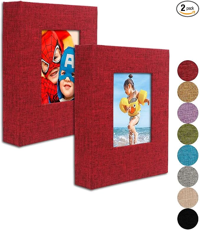 GPIRAL Small Photo Album 5x7 – 2 Pack, Each 26 Clear Pages Hold 52 Pictures. Album for 5x7 Photos, Artwork, Drawings, Linen Cover with Front Window, Red Fabric by GPIRAL