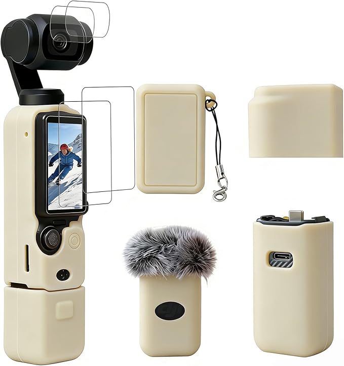 Case for DJI Osmo Pocket 3/Xtra Muse Camera, Soft Silicone Protective Case, Anti-Scratch, Slim Fit Skin with mic Cover and Screen Protector Accessories for Osmo Pocket 3/Xtra Muse (Beige) by Frevyve