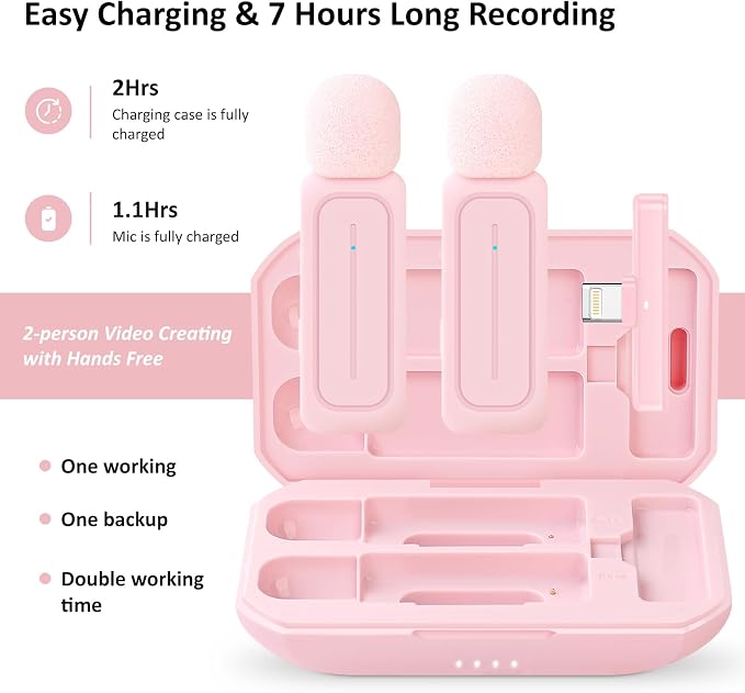 Ecomxia 2 Pack Wireless Lavalier Microphone for iPhone iPad Android with Charging Case - 7H Clip on Lapel Microphone Wireless for Video Recording Vlogging, YouTube, Interview, 3 Mode Denoise (Pink) - Image 6