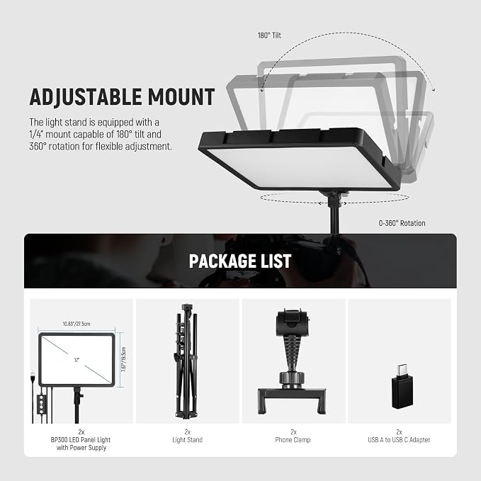 NEEWER Basics 2Pcs LED Video Light Panel with 59'' Tripod Stands/Phone Holders, 2700-6500K 850Lux Dimmable Plastic Studio Lighting for Photography Filming Recording Live Streaming, No Adapter, BP300 - Image 9
