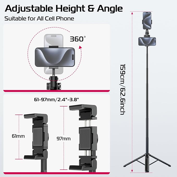 ULANZI MT-70 Extendable Tripod, 63" Selfie Stick Vlog Stand w 2 Phone Clips | 360° Rotate, Two Clips as Teleprompter, Cold Shoe, Camera Holder Extendable Tripod for iPhone Pocket 4 Luna Nano - Image 4