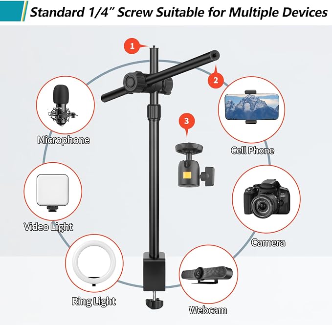 Camera Desk Mount Webcam Stand with Overhead Articulating Magic Boom Arm 1/4" Ball Head for DSLR Tripod, Adjustable Light Stand, Tabletop C Clamp for Ring Light Photo Video Shooting Live Streaming - Image 5
