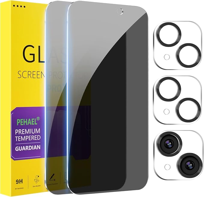 PEHAEL for iPhone 15 Privacy Screen Protector+Camera Lens Protector | Installation kits, Anti-Spy Private, Anti-Scratch, 9H Tempered Glass, Case Friendly, 2+2 Pack, [6.1 inch] by PEHAEL