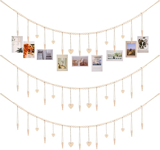 KLOGTSIND Hanging Photo Display with Clips, Wood Bead String Photo Banner | 9 Wooden Clips, Boho Picture Frames Collage Wall Decor, Photo Hanger for Bedroom, Office, Dorm Decor by KLOGTSINDDirect