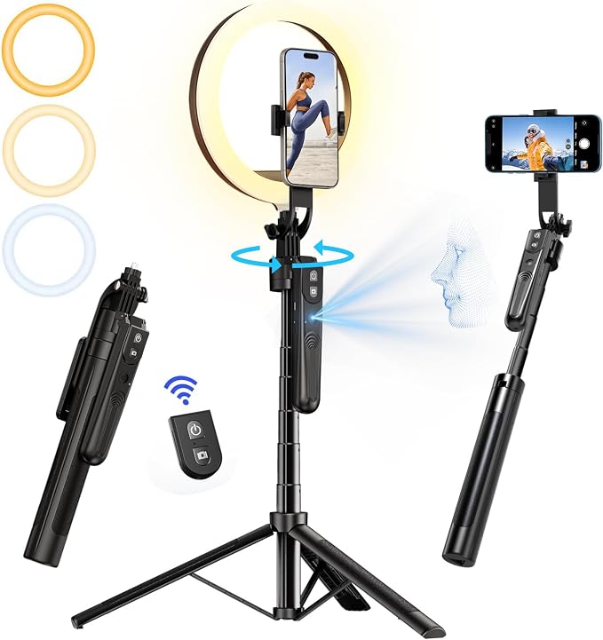 70.9" Auto Face Tracking Tripod with 360 Rotation & 10" Ring Light, Phone Tripod & Selfie Stick with Remote for Cell Phone 4"-7", Motion Sensor for Live Stream Vlog Video Recording by yAyusiPortableSelfieStand
