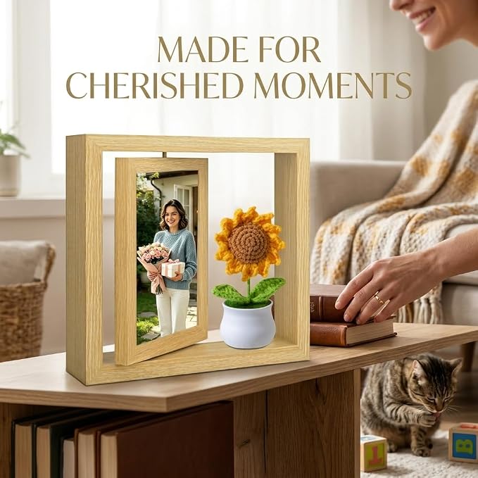 4x6 Rotating Floating Picture Frame Desktop with Crochet Sunflower, Double-Sided Display 4x6 Photos- 2026 Graduation Gift for Girls Her Teacher Sunflower Gifts for Mom Women Cute Office Desk Decor - Image 2