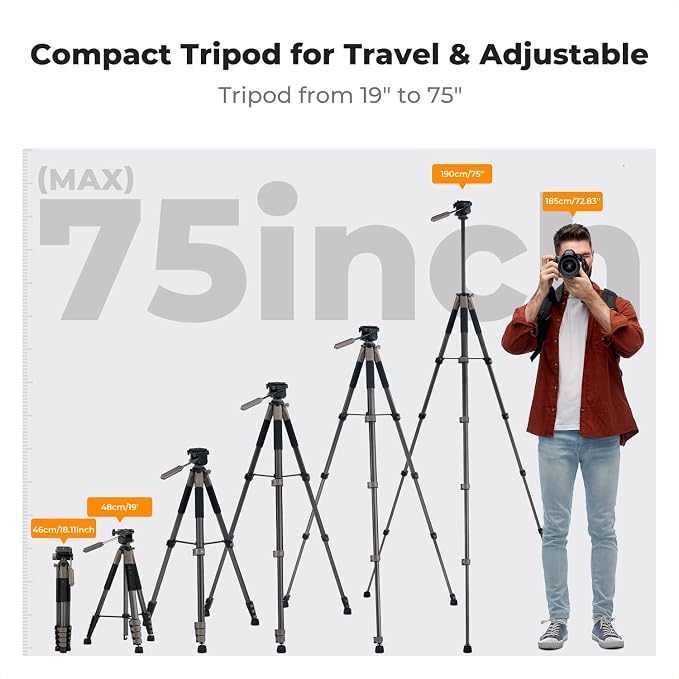 K&F CONCEPT 75" Aluminum Camera Tripod, Lightweight and Compact for Travel | Compatible with Canon Nikon DSLR Camera, Cellphone Clip and Remote Control for Shooting and Video Recording S255A3+BV01 - Image 5