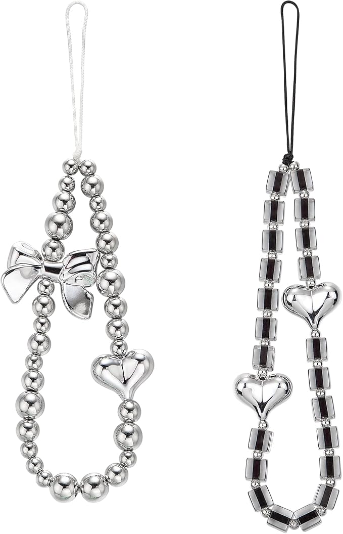 BEEFLYING Heart Beaded Phone Charm Wrist Strap for Case, Grey, 2 Pcs | Acrylic Cell Phone Chain with Bowknot Heart, for Bag Keychain Camera Wallet by BEEFLYING