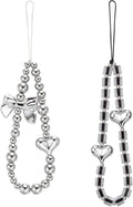 BEEFLYING Heart Beaded Phone Charm Wrist Strap for Case, Grey, 2 Pcs | Acrylic Cell Phone Chain with Bowknot Heart, for Bag Keychain Camera Wallet by BEEFLYING