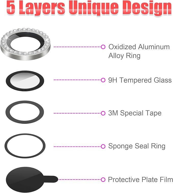 AGVEE 3+3 6 Pack for iPhone 14/14 Plus Camera Lens Protector Cover | Individual Bling Diamond & Bling Glitter Sparkle Cute Gem Metal Ring, 9H Tempered HD Glass - Image 7